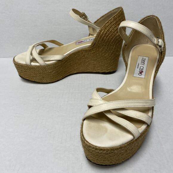 Jimmy Choo Delaney Sandal 80 Ivory Leather Wedge Braided Rope Detailing … - Picture 9 of 11